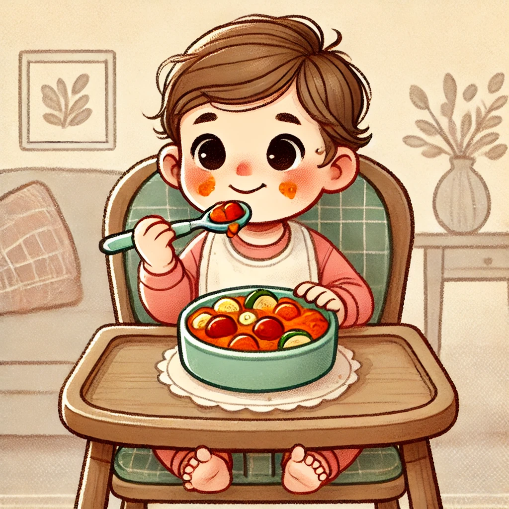 Illustration d'un bébé en train de manger une ratatouille sur une chaise haute