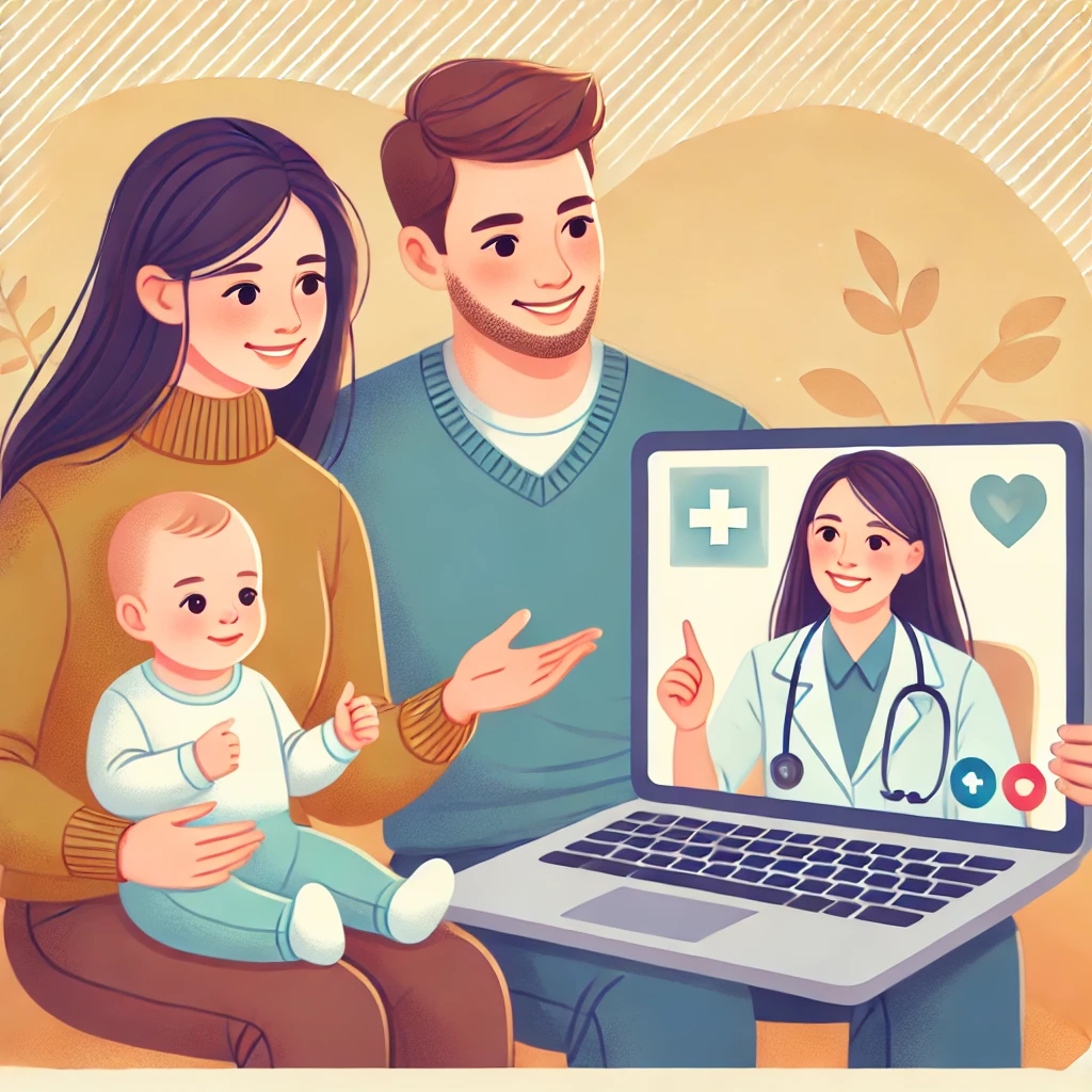 Illustration d'un papa, une maman et leur bébé en visio avec une infirmière