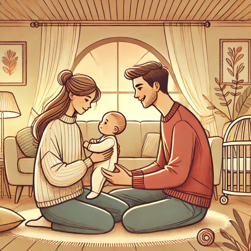 Illustration de deux jeunes parents jouant avec leur bébé