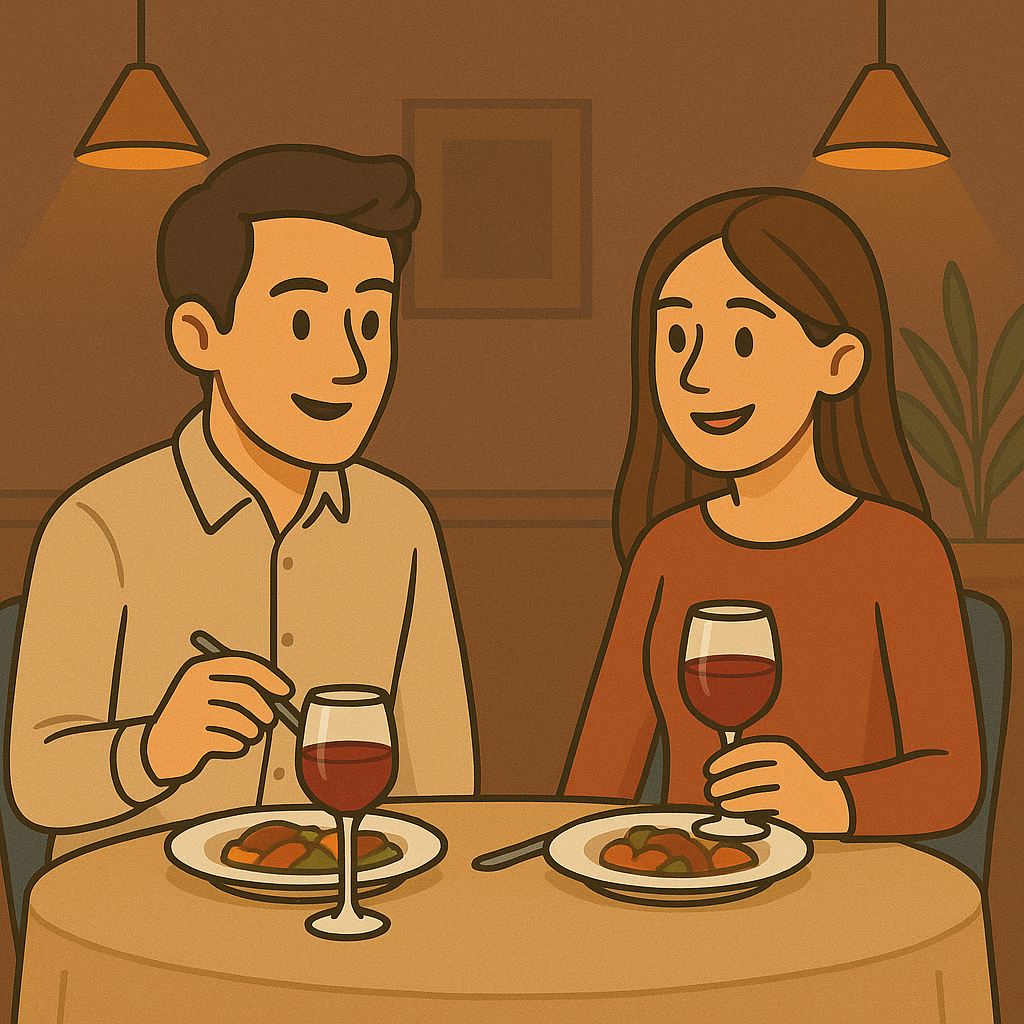 Image d’un papa et une maman en train de dîner au restaurant et de discuter