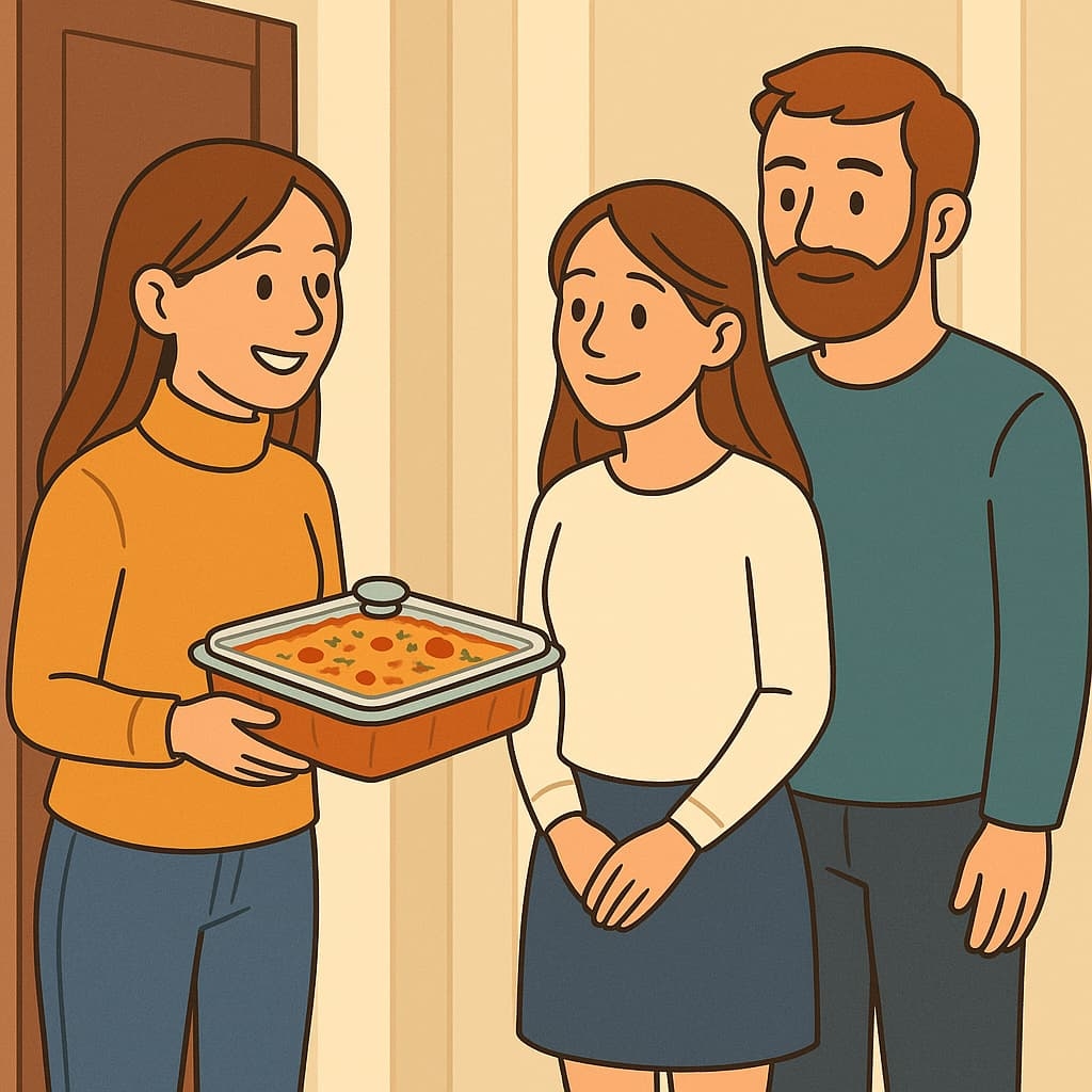 Image d'une femme livrant un plat cuisiné comme cadeau de naissance original pour la maman